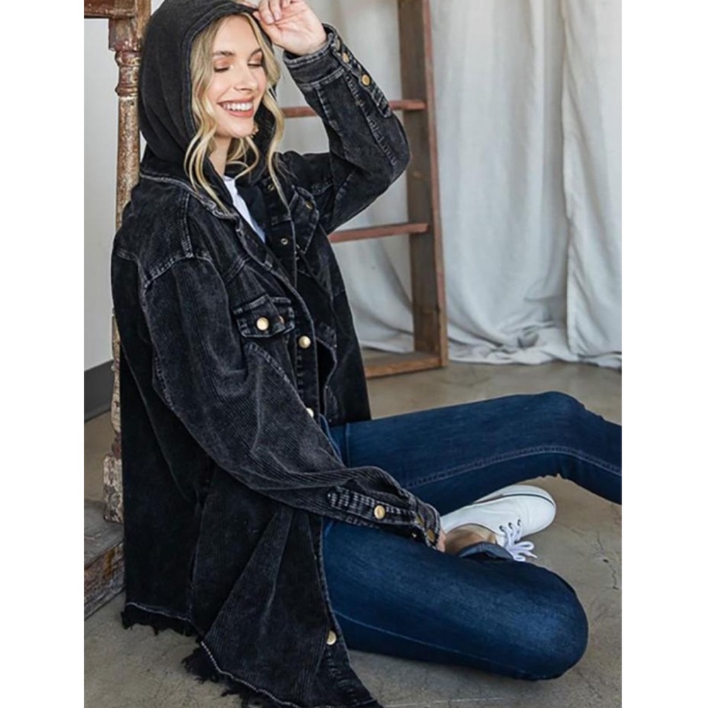 Washed Black Corduroy Hooded Button Down Jacket - Picture 3 of 5